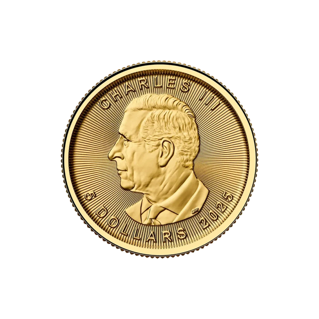 La moneda de 1/10 oz Hoja de Arce Oro 2025 muestra el perfil izquierdo de un hombre de pelo corto, con la inscripción CHARLES III, 5 DOLLARS, y 2025. El fondo está decorado con líneas radiales.