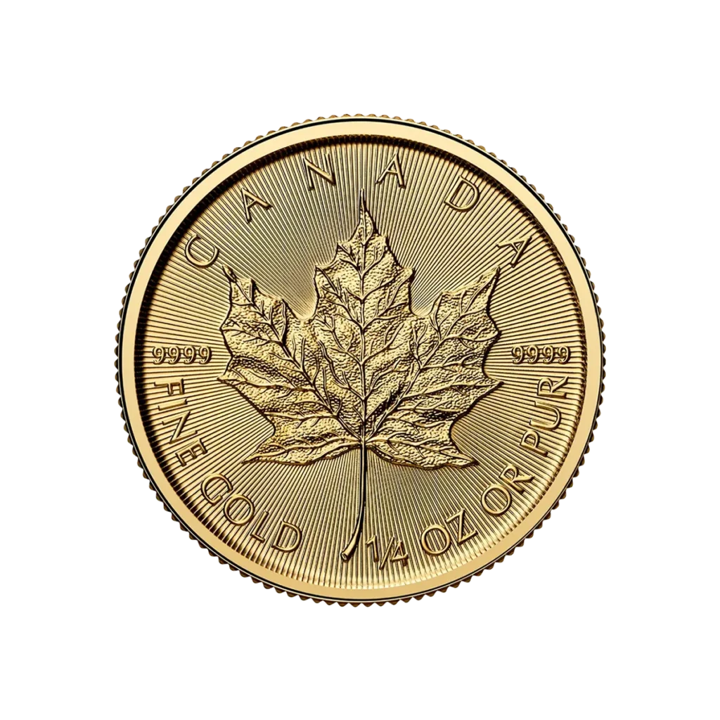 The 1/4 oz Maple Leaf Gold 2025 coin features a detailed maple leaf, with "CANADA," "FINE GOLD 1/4 OZ OR PUR," and "9999" engraved around the edges.
