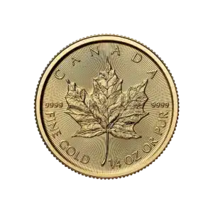 La 1/4 oz Hoja de Arce Oro 2025 es una moneda de oro canadiense con una detallada hoja de arce y la inscripción CANADA y FINE GOLD 1/4 OZ OR PUR en los bordes.