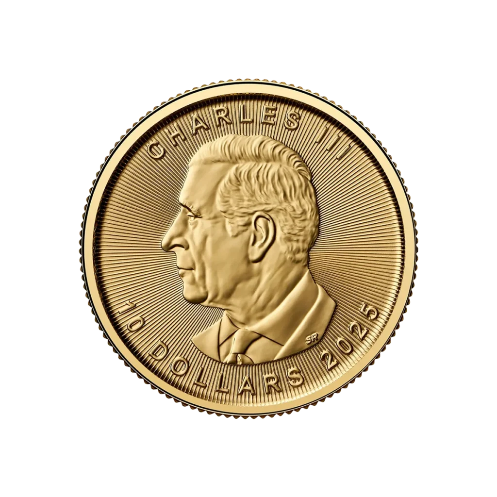 The 1/4 oz Maple Leaf Gold 2025 coin shows a left-facing portrait of a short-haired man, with CHARLES III, 10 DOLLARS, and 2025 inscribed. Radiating lines adorn the background.