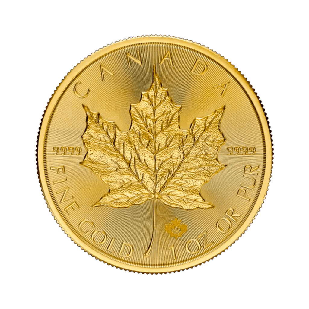 La moneta Maple Leaf d'oro 2026 da 1 oz è una moneta canadese d'oro che mostra una foglia d'acero dettagliata, con l'iscrizione CANADA, FINE GOLD 1 OZ OR PUR e 9999 intorno ai bordi.