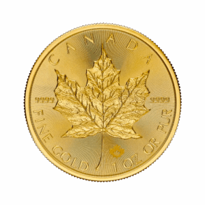 La Hoja de Arce Oro 2026 de 1 oz presenta una gran hoja de arce en el centro, CANADA en la parte superior, FINE GOLD 1 OZ OR PUR debajo, y el número 9999 a cada lado de la hoja.