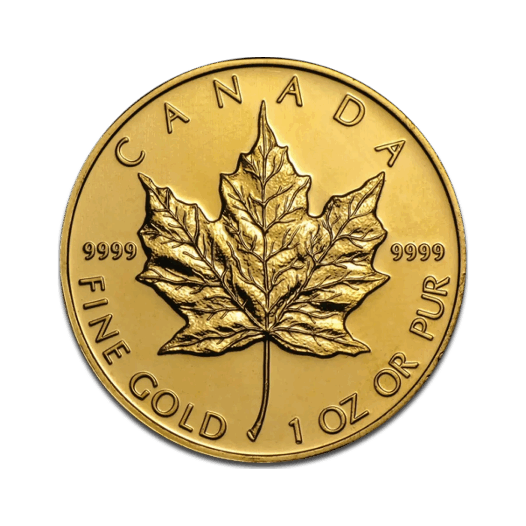 La Foglia d'acero da 1 oz Oro Anni diversi è una moneta canadese d'oro con una foglia d'acero dettagliata, la scritta "CANADA" in alto, la scritta "FINE GOLD 1 OZ OR PUR" in basso e la scritta "9999" su entrambi i lati.
