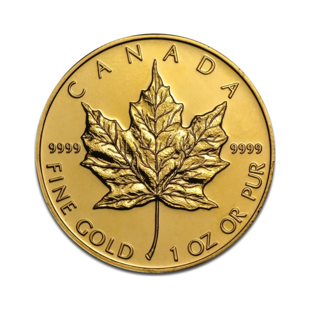 La Hoja de Arce Oro de 1 oz Años varios es una moneda de oro canadiense con una detallada hoja de arce en el centro, CANADA en la parte superior, FINE GOLD 1 OZ OR PUR en la parte inferior y 9999 flanqueando la hoja.