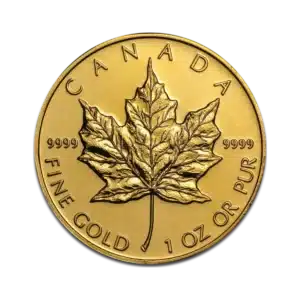 La Hoja de Arce Oro de 1 oz Años varios es una moneda de oro canadiense con una detallada hoja de arce en el centro, CANADA en la parte superior, FINE GOLD 1 OZ OR PUR en la parte inferior y 9999 flanqueando la hoja.