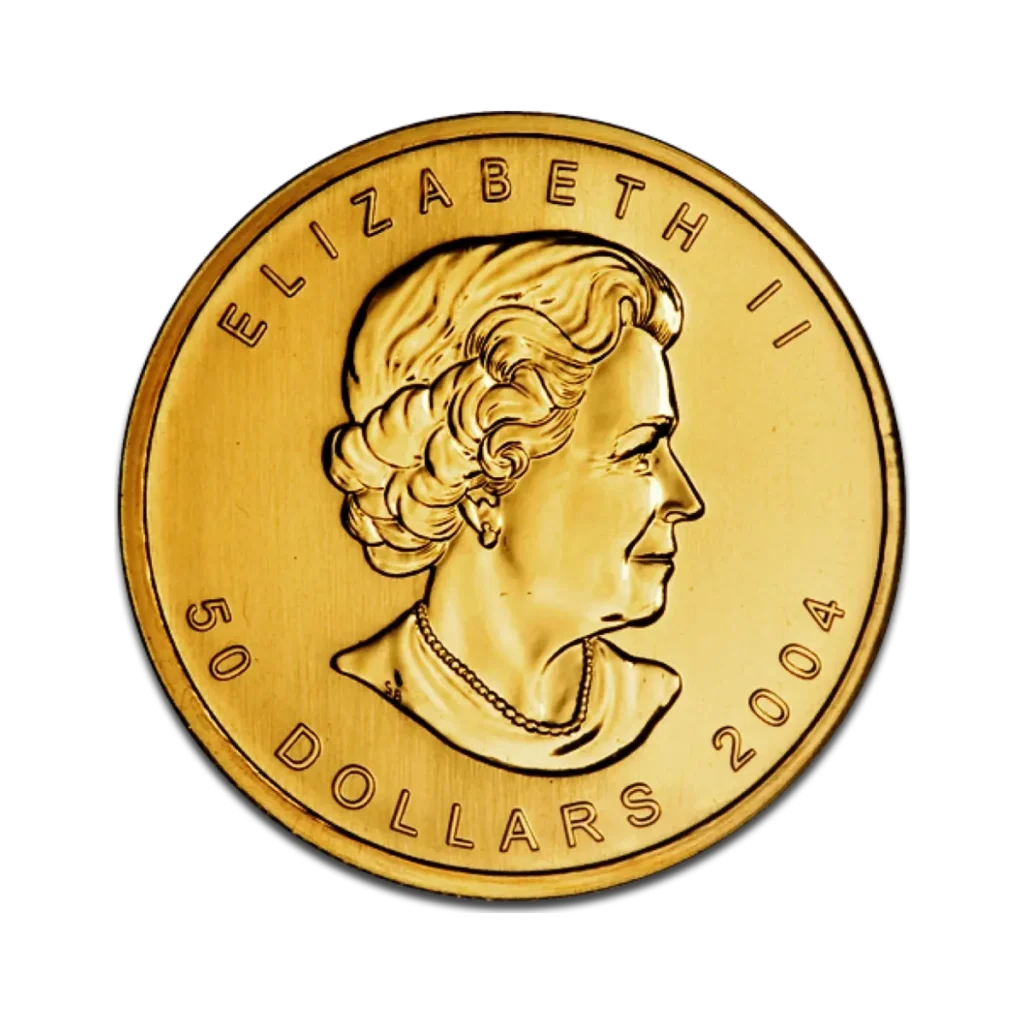 Moneda de oro Hoja de Arce Oro de 1 onza con el perfil de la reina Isabel II mirando hacia la derecha, la inscripción ELIZABETH II, 50 DÓLARES y el año 2004.