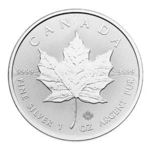 La Hoja de Arce Plateada es una moneda de plata canadiense con una detallada hoja de arce en el centro e inscripciones: CANADA, FINE SILVER 1 OZ ARGENT PUR, y 9999 alrededor del borde.
