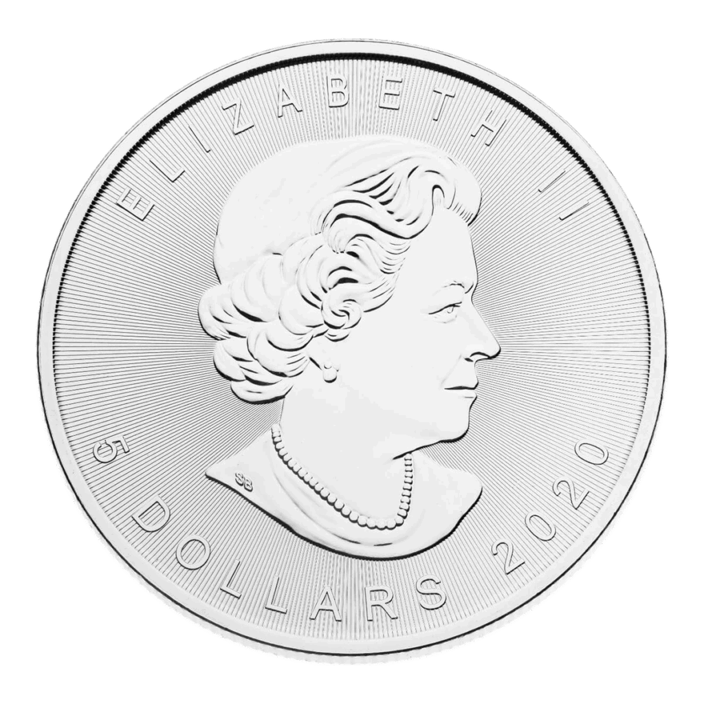 La foglia d'acero d'argento è una moneta d'argento con il ritratto della Regina Elisabetta II rivolto verso destra e le scritte ELIZABETH II, 5 DOLLARS e 2020 intorno al bordo.