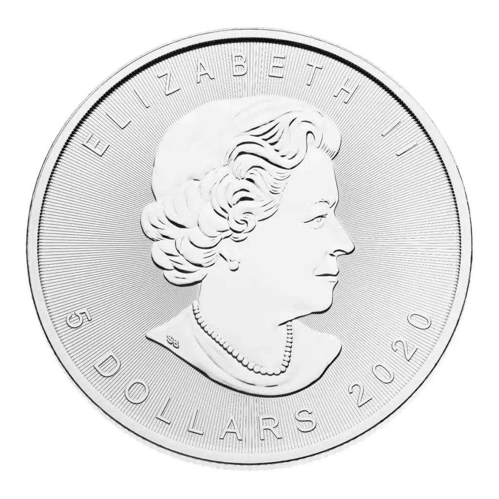 La hoja de arce de plata es una moneda de plata que muestra un retrato de la reina Isabel II mirando hacia la derecha, con la inscripción ELIZABETH II, 5 DÓLARES y 2020.