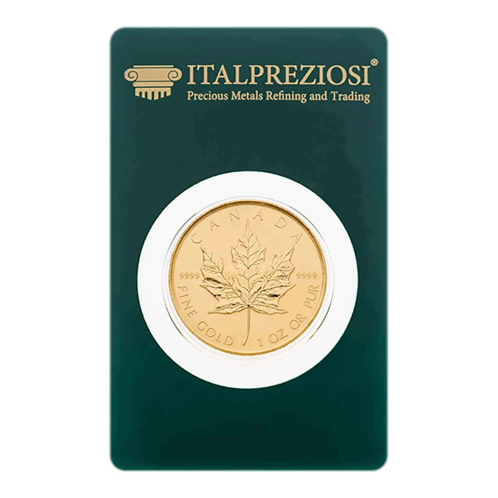 La moneta d'oro Maple Leaf, contrassegnata dalla scritta "CANADA" e "FINE GOLD 1 OZ OR PUR", presenta il disegno di una foglia d'acero ed è contenuta in una confezione verde con l'etichetta ITALPREZIOSI Precious Metals Refining and Trading.