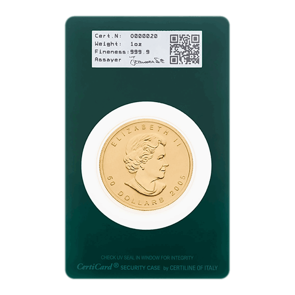 Una moneta d'oro da 1 oz Maple Leaf con il profilo della Regina Elisabetta II, segnata 50 dollari, 2006, è contenuta in un supporto CertiCard verde che riporta le specifiche e un codice QR sopra la moneta.