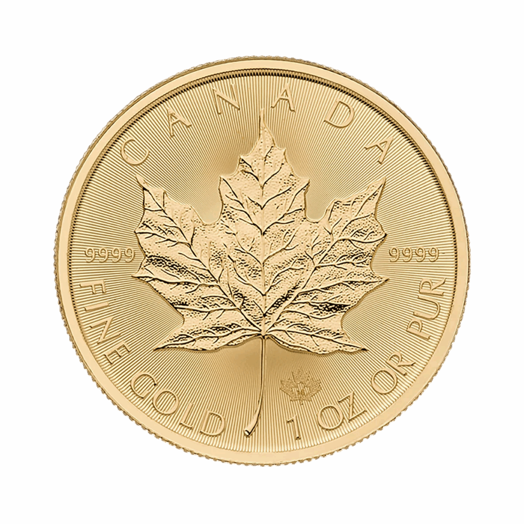 La moneta d'oro Maple Leaf presenta una dettagliata foglia d'acero al centro, la scritta "CANADA" in alto e le iscrizioni "FINE GOLD 1 OZ OR PUR" e "9999" lungo la parte inferiore e laterale.