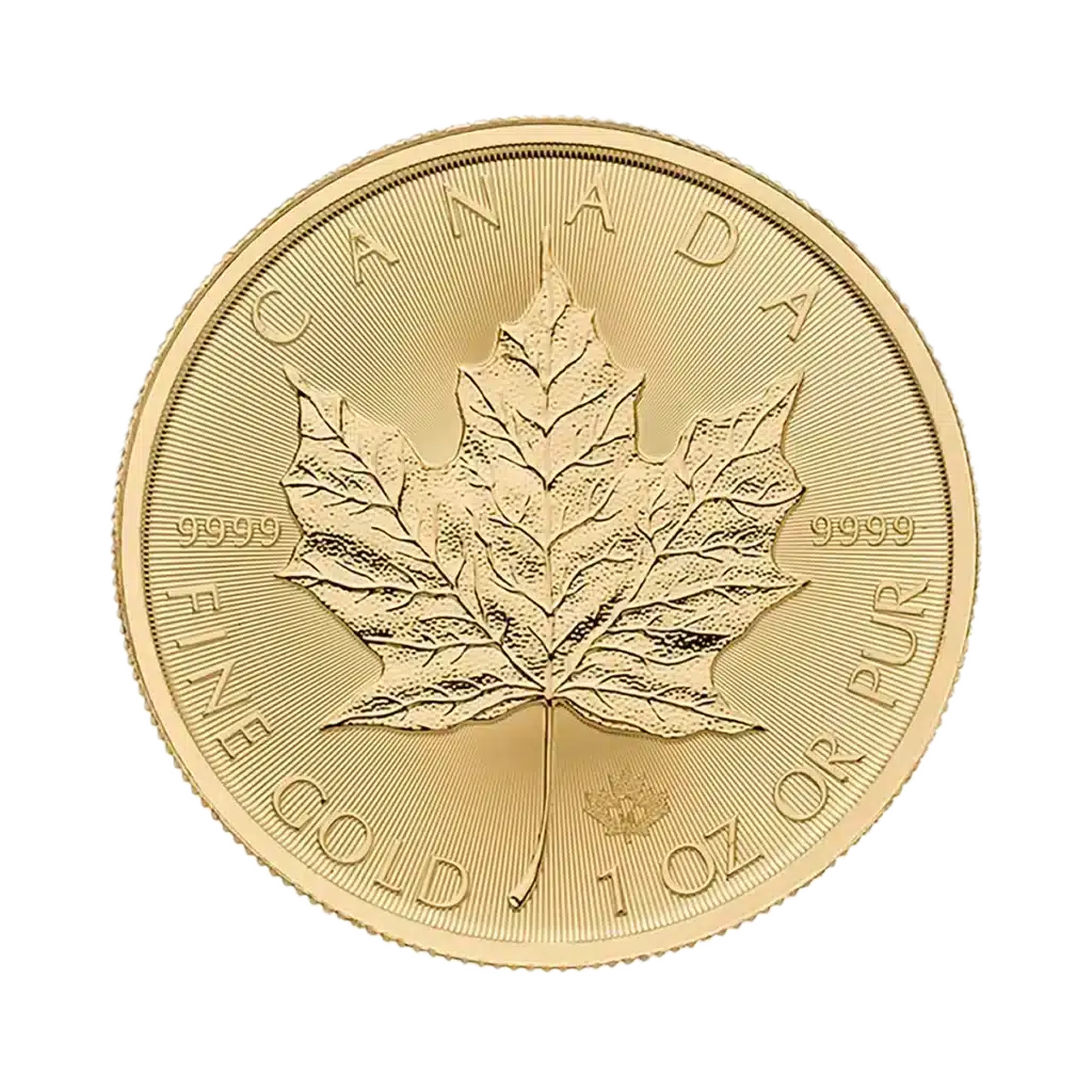 La moneda de oro Maple Leaf presenta una hoja de arce detallada en el centro, CANADA en la parte superior y las inscripciones FINE GOLD 1 OZ OR PUR con 9999 en cada lado cerca del borde.