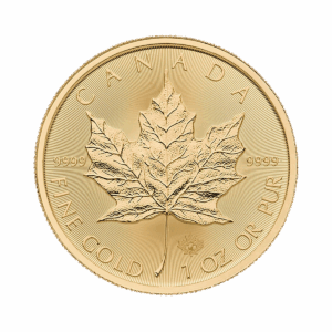 La moneta d'oro Maple Leaf presenta una dettagliata foglia d'acero al centro, la scritta "CANADA" in alto e le iscrizioni "FINE GOLD 1 OZ OR PUR" e "9999" lungo la parte inferiore e laterale.