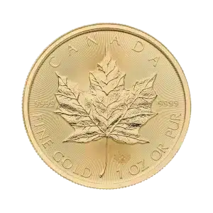 La moneda de oro Maple Leaf presenta una hoja de arce detallada en el centro, CANADA en la parte superior y las inscripciones FINE GOLD 1 OZ OR PUR con 9999 en cada lado cerca del borde.