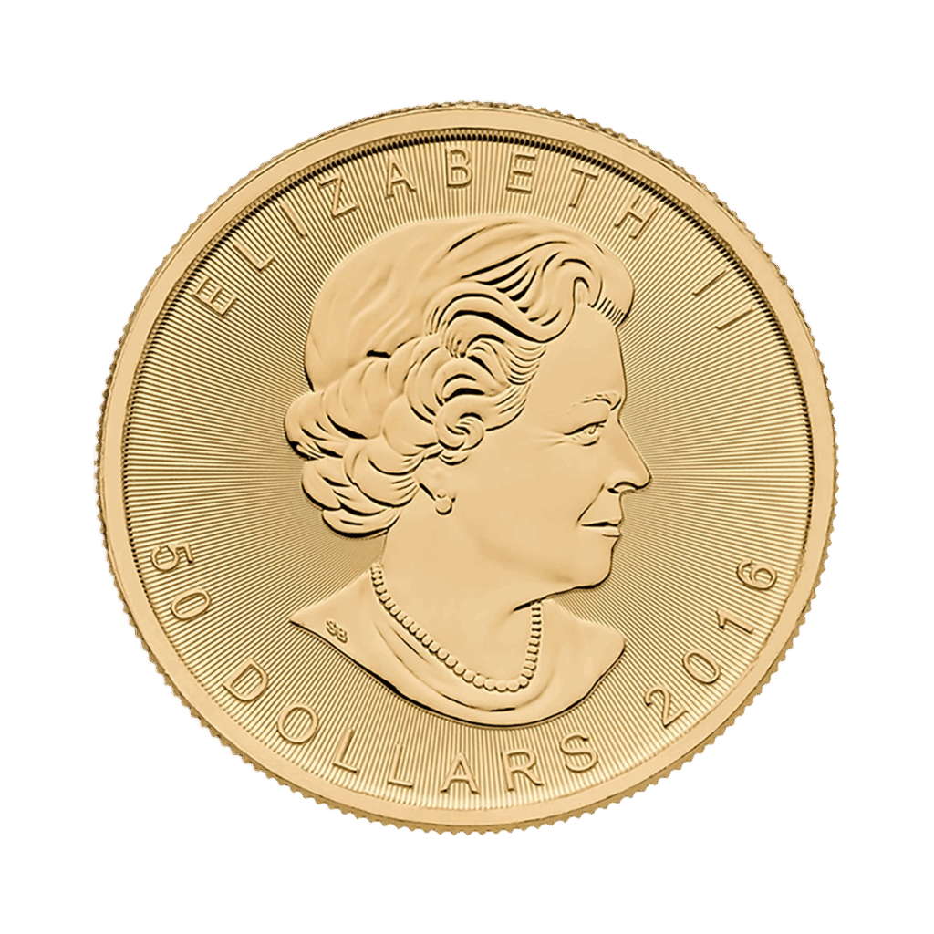 La moneta d'oro Maple Leaf presenta un ritratto della Regina Elisabetta II rivolto verso destra, con l'iscrizione ELIZABETH II, 50 DOLLARI e 2016.