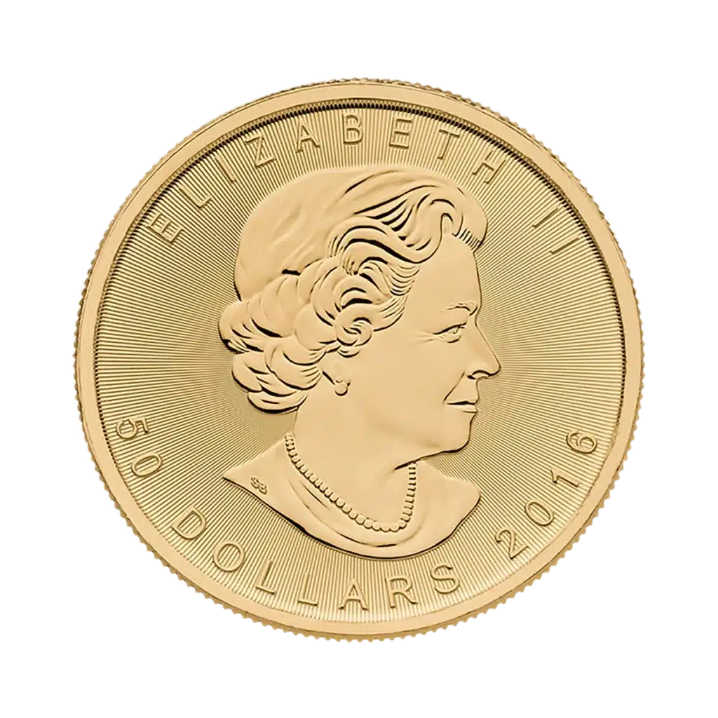 La moneda de oro Maple Leaf muestra un retrato de la reina Isabel II mirando hacia la derecha y lleva la inscripción ELIZABETH II, 50 DÓLARES y 2016.