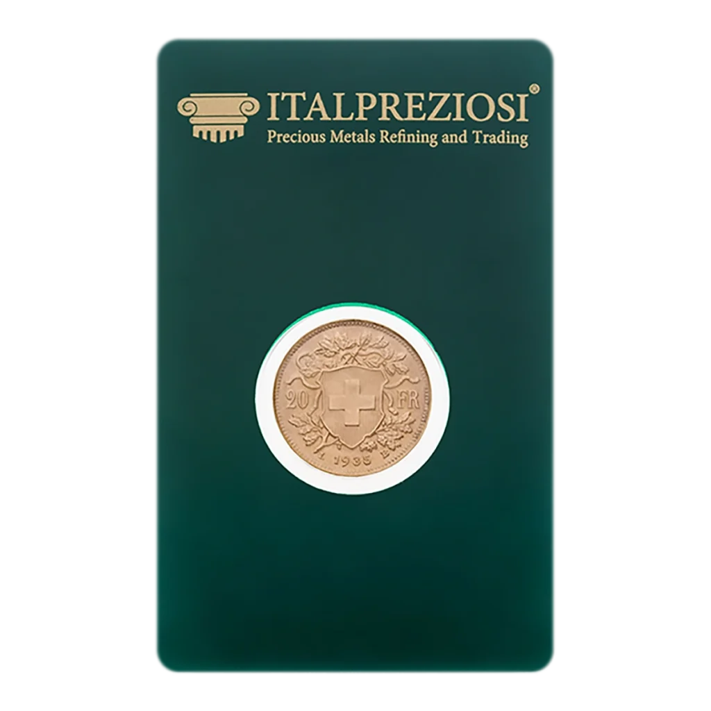 Moneda de oro de Marengo en un tarjetero verde de Italpreziosi con la inscripción "Precious Metals Refining and Trading", una cruz suiza y el valor de 20 FR.