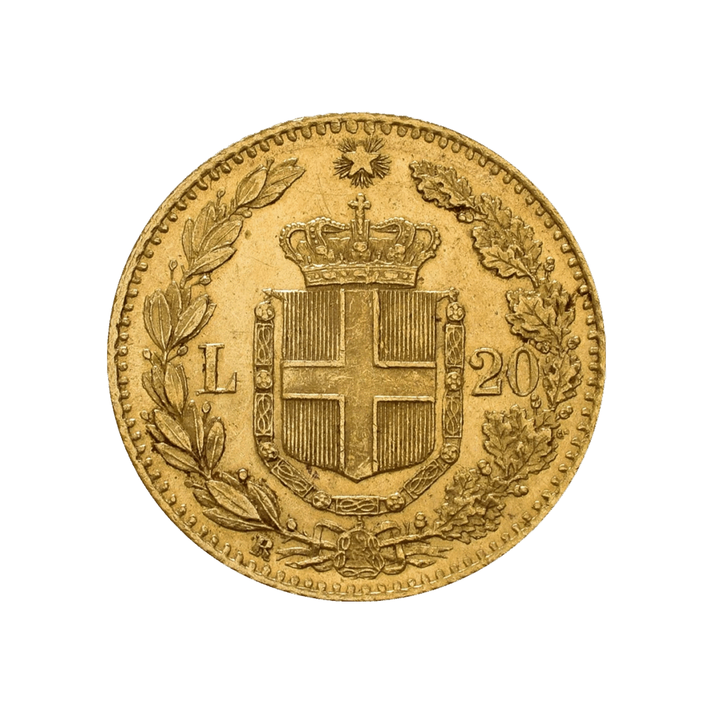 La moneta d'oro Marengo presenta uno scudo coronato con una croce centrale, affiancata da rami di alloro e quercia. Accanto allo scudo compaiono le lettere L e 20, che indicano la denominazione della moneta.