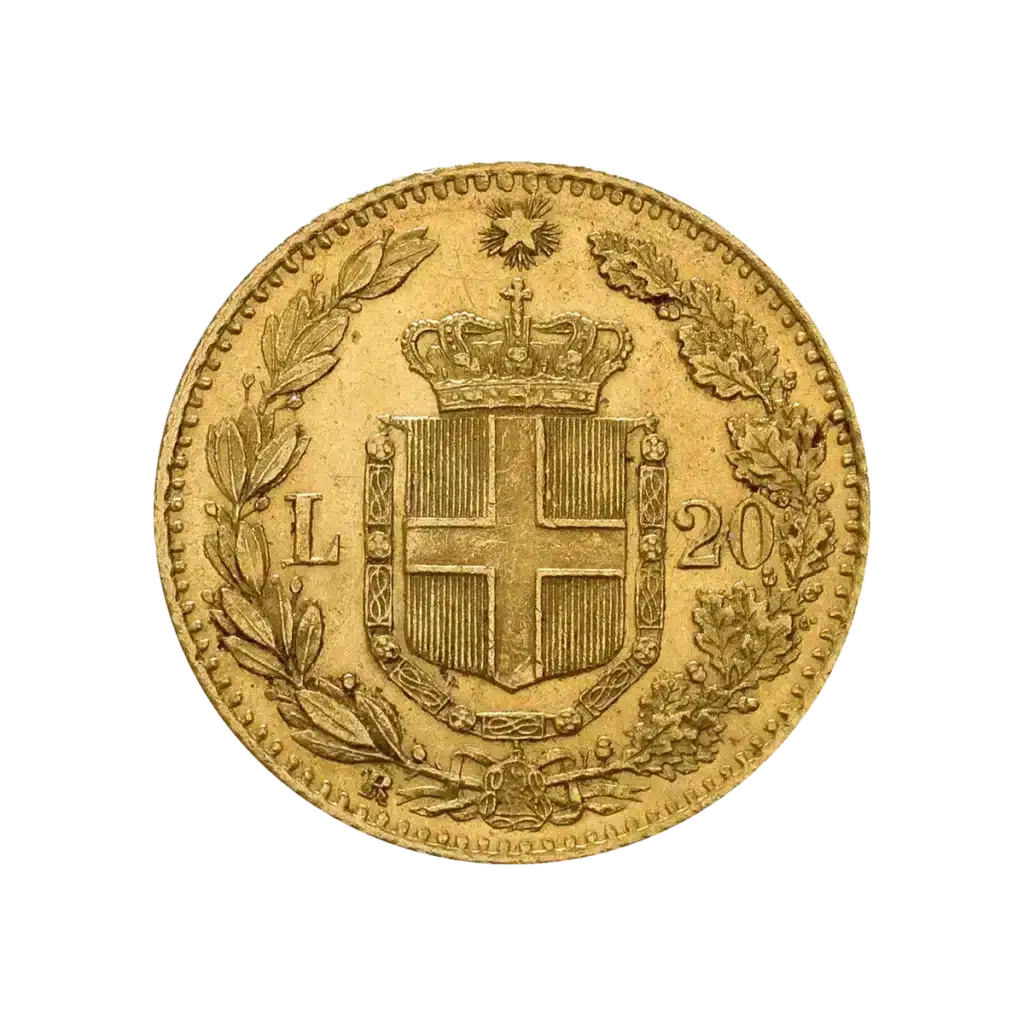La moneda de oro de Marengo muestra un escudo coronado con una cruz central, ramas de laurel y roble, una L y un 20 a cada lado, una estrella sobre la corona e intrincados grabados en los bordes.
