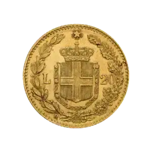 La moneda de oro de Marengo muestra un escudo coronado con una cruz central, ramas de laurel y roble, una L y un 20 a cada lado, una estrella sobre la corona e intrincados grabados en los bordes.