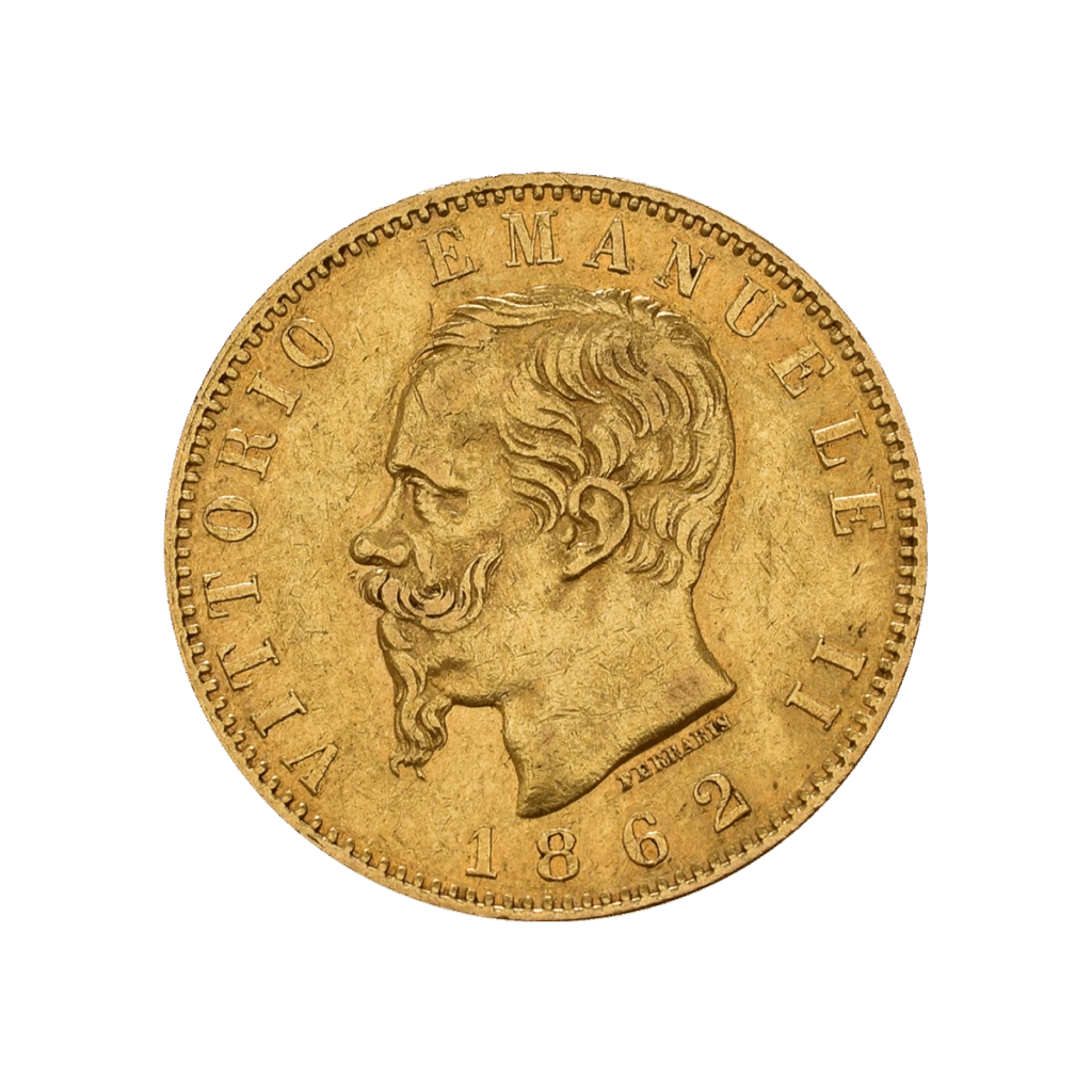 Moneta d'oro di Marengo con il profilo di un uomo barbuto rivolto a destra, con la scritta VITTORIO EMANUELE II intorno al bordo e la data 1862 in basso.