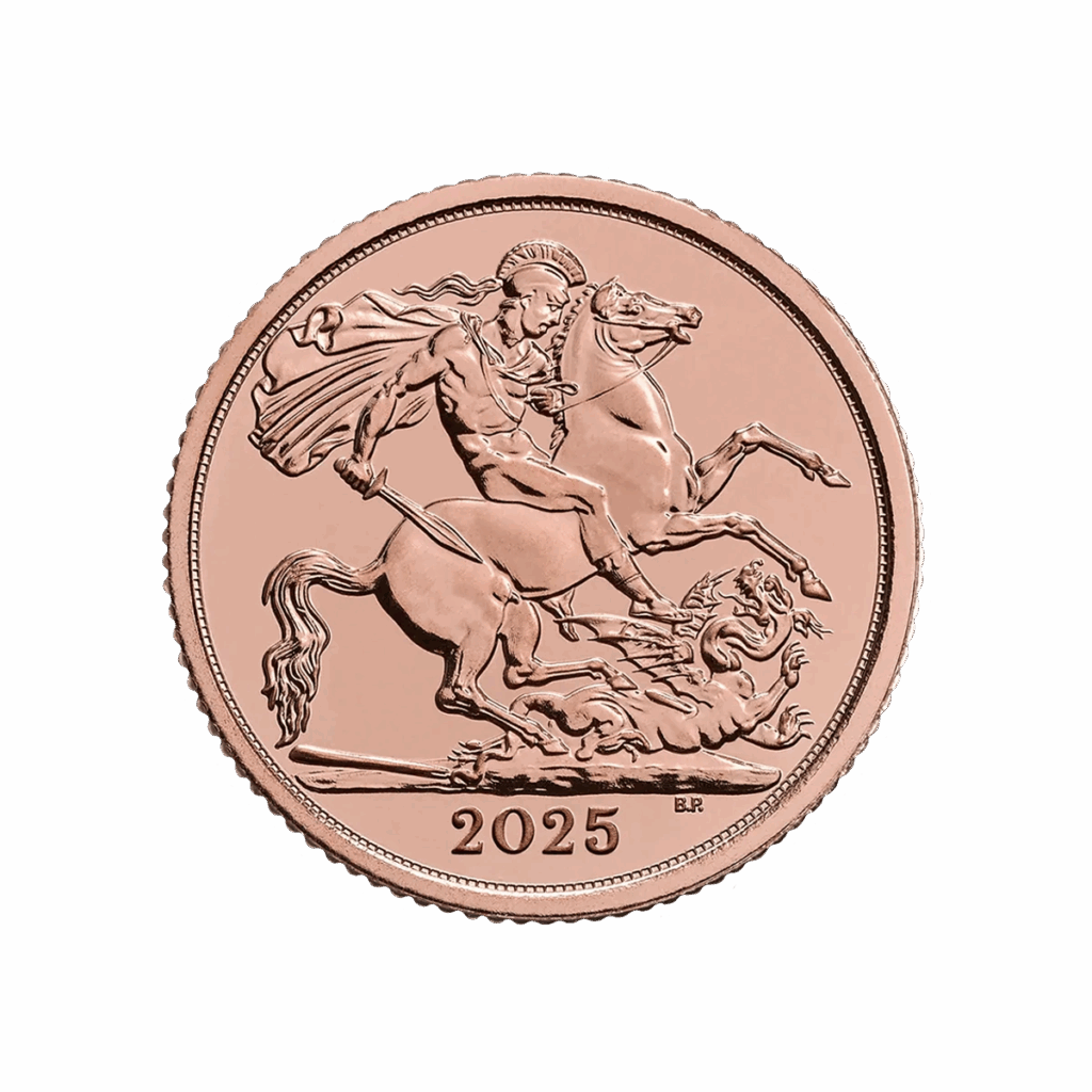 La Mezza Sterlina d'Oro 2025 - Re Carlo III presenta l'incisione di un guerriero a cavallo che uccide un drago, con un mantello fluente e dettagli intricati.