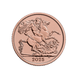 La Mezza Sterlina d'Oro 2025 - Re Carlo III presenta l'incisione di un guerriero a cavallo che uccide un drago, con un mantello fluente e dettagli intricati.