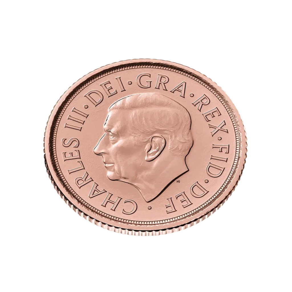 La Media Soberana de Oro 2025 - Rey Carlos III es una moneda británica que muestra el perfil izquierdo del rey Carlos III, enmarcado por la inscripción CHARLES III - DEI - GRA - REX - FID - DEF en el borde exterior.