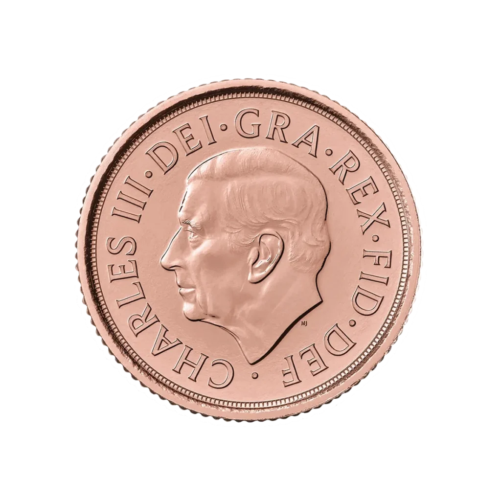Primer plano de la moneda Media Soberana de Oro 2025 con la efigie del rey Carlos III.