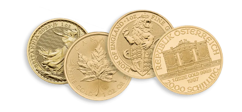 Quattro monete d'oro con disegni intricati sono disposte in modo sovrapposto. I disegni includono Britannia, una foglia d'acero, un leone araldico e una sala da concerto della Filarmonica austriaca. Ogni moneta riporta i dettagli relativi al paese, al peso e alla purezza.