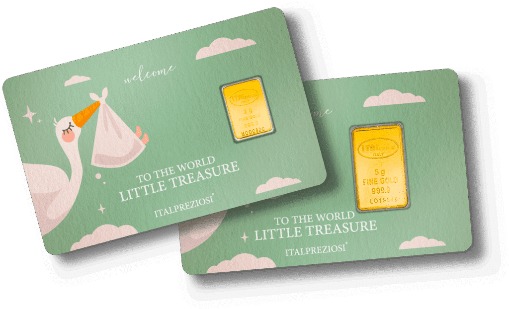 Two green "Birth" cards feature gold bars, a stork with baby bundle, clouds, and the message: Welcome to the world little treasure. Includes ITALPREZIOSI branding and gold bar details.