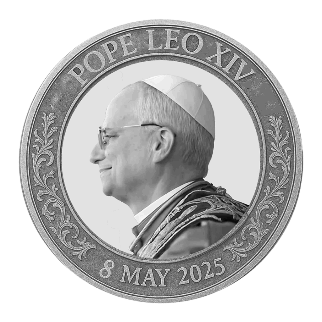 La moneta d'argento da 1 oz intitolata "2025 Il Primo Papa Americano - Papa Leone XIV BU" mostra il profilo di Papa Leone XIV in abiti papali, la data 8 maggio 2025 e motivi decorativi a foglia intorno al bordo.