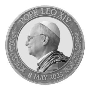 La moneta d'argento da 1 oz intitolata "2025 Il Primo Papa Americano - Papa Leone XIV BU" mostra il profilo di Papa Leone XIV in abiti papali, la data 8 maggio 2025 e motivi decorativi a foglia intorno al bordo.