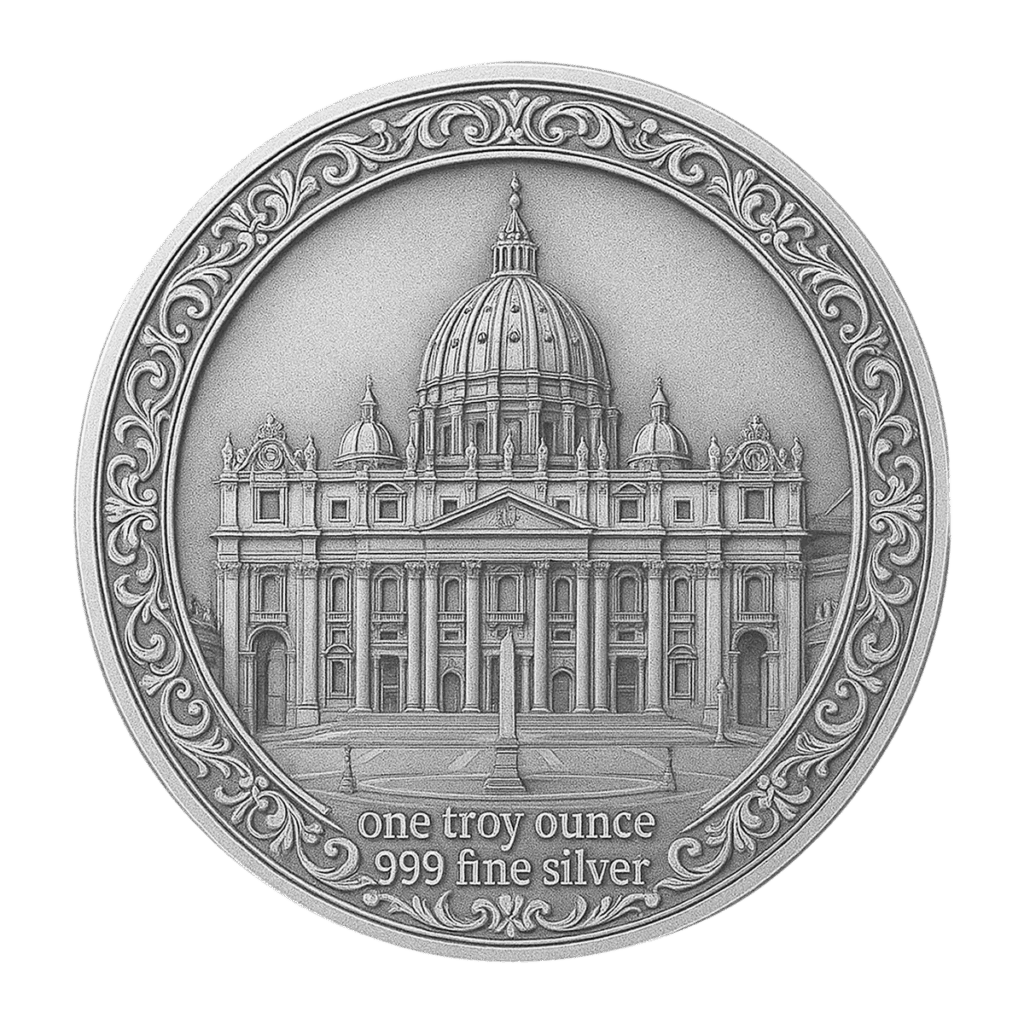 La moneta 2025 Il Primo Papa Americano - Papa Leone XIV 1 oz Argento FDC presenta un bordo ornato, un'immagine incisa della Basilica di San Pietro e l'iscrizione "one troy ounce .999 fine silver" in basso.