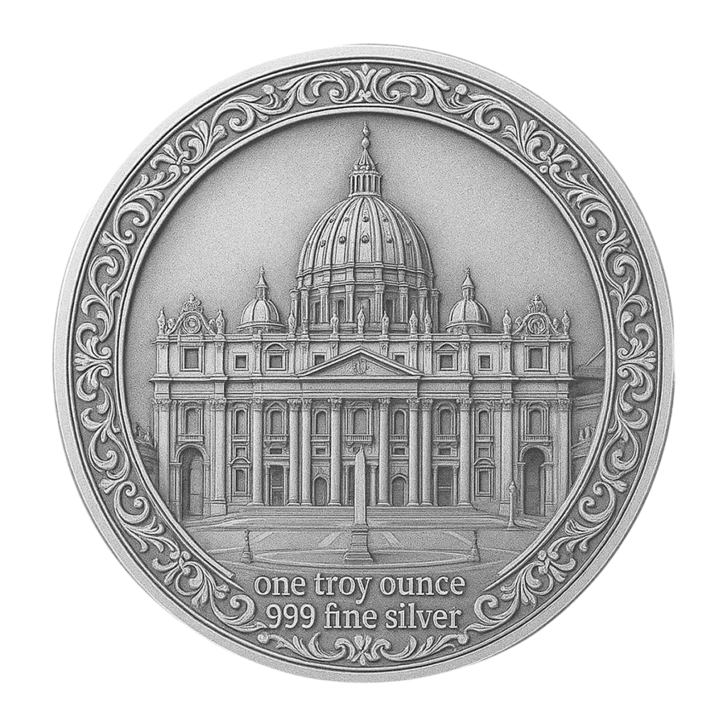 La 2025 El Primer Papa Americano - Papa León XIV 1 oz Plata BU es una detallada moneda de plata con la Basílica de San Pedro, bordes ornamentados y las inscripciones "one troy ounce" y ".999 fine silver" en la parte inferior.