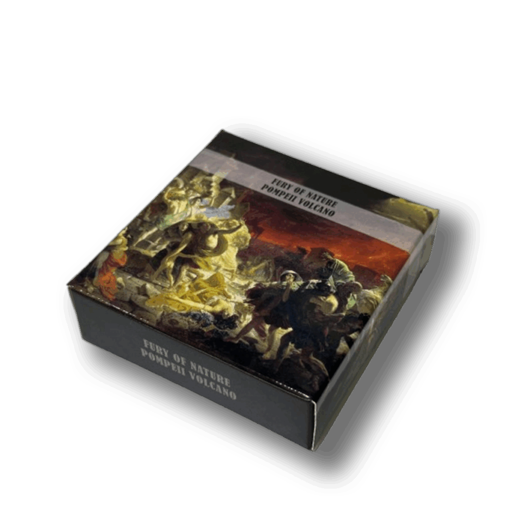 La scatola quadrata Palau 2023 Eruzione del Vulcano Pompei 2 oz Argento mostra un'immagine drammatica di persone in fuga da un vulcano in eruzione, con nuvole scure e flussi di lava incandescente alle spalle.
