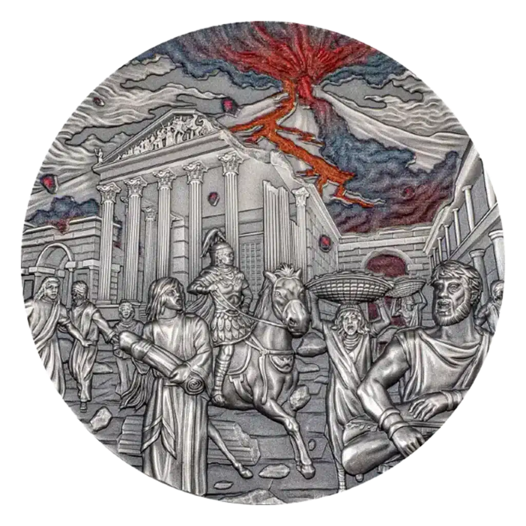La moneda Palau 2023 Erupción del Volcán Pompeya 2 oz Plata muestra a los antiguos romanos escapando de una ciudad con edificios clásicos mientras un volcán entra en erupción, ceniza y lava en el cielo, y figuras angustiadas, algunas a caballo, bajo dramáticas nubes rojas y grises.