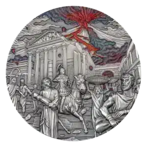 La moneda Palau 2023 Erupción del Volcán Pompeya 2 oz Plata muestra a los antiguos romanos escapando de una ciudad con edificios clásicos mientras un volcán entra en erupción, ceniza y lava en el cielo, y figuras angustiadas, algunas a caballo, bajo dramáticas nubes rojas y grises.