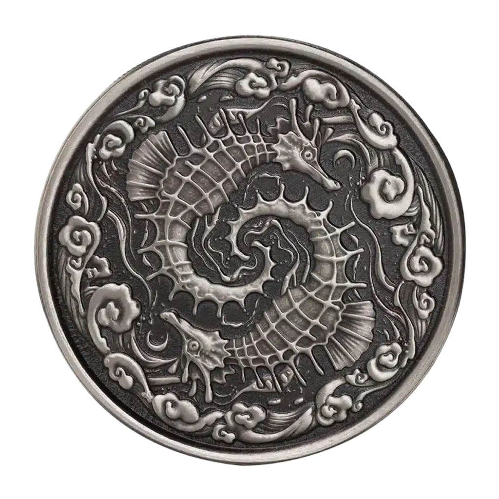 La moneda Samoa 2024 Caballito de Mar 1 oz Plata Proof Like Antiguo muestra dos caballitos de mar en espiral en el centro con detalles ornamentados de olas y dibujos en un llamativo acabado metálico antiguo.