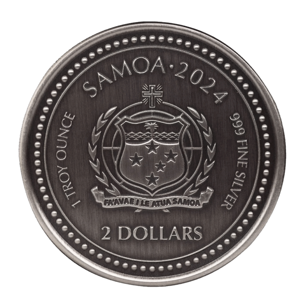 La moneta Samoa 2024 Cavalluccio Marino 1 oz Argento Proof Like Antico è una moneta d'argento con lo stemma nazionale, "FAAVAE I LE ATUA SAMOA", 1 TROY OUNCE, 999 FINE SILVER, e un taglio di 2 DOLLARI.