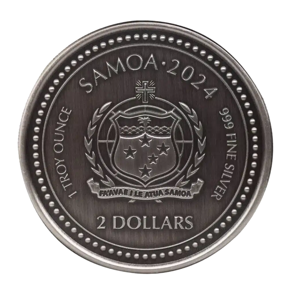 La moneda de Samoa 2024 Caballito de Mar 1 oz Plata Proof Like Antiguo muestra el escudo nacional, ramas de laurel e inscripciones: 1 Onza Troy, Plata Fina 999, Samoa 2024, 2 Dólares, además del lema samoano en un estandarte.