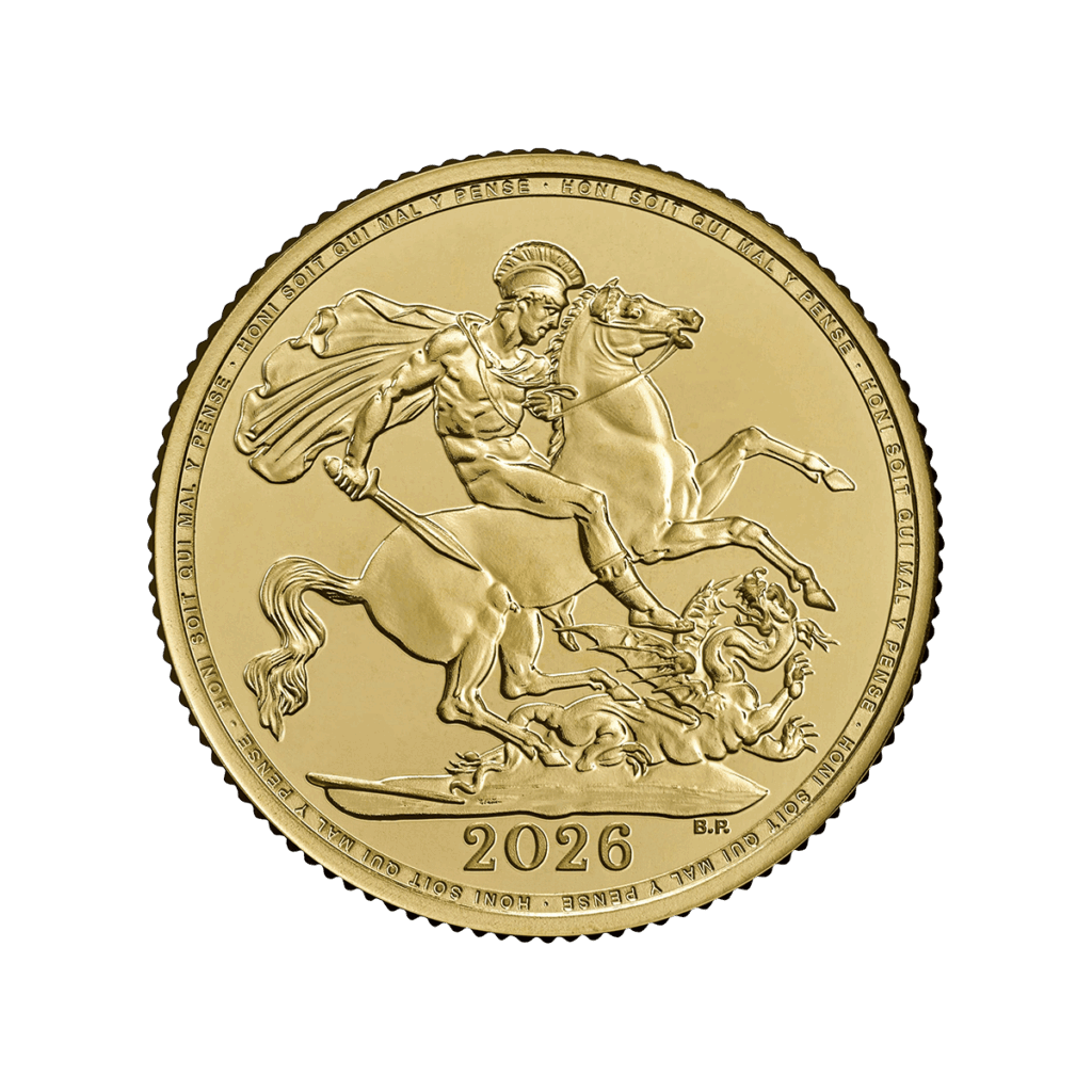 The 2026 British Sterling Coin features a detailed engraving of a man in armour on horseback slaying a dragon, with the initials B.P. at the bottom right and an intricate design on a white background.