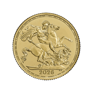 The 2026 British Sterling Coin features a detailed engraving of a man in armour on horseback slaying a dragon, with the initials B.P. at the bottom right and an intricate design on a white background.