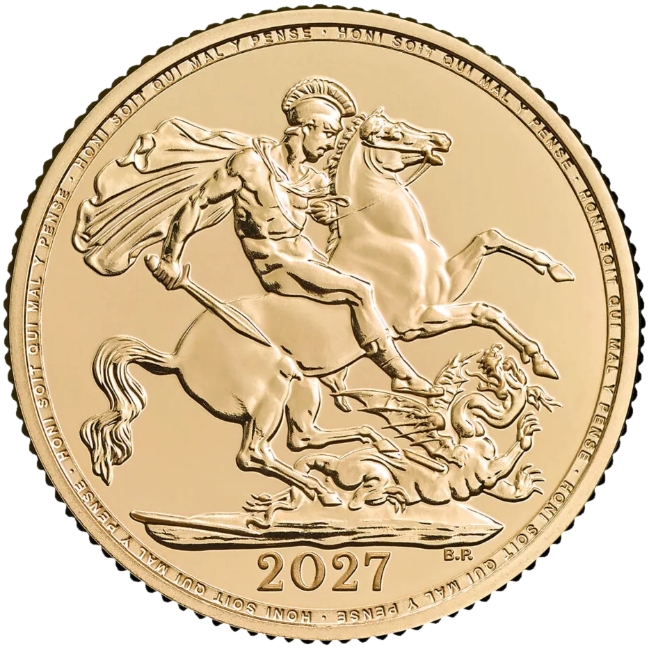 La moneta Sterlina Britannica Fior di Conio 2027 presenta un'incisione dettagliata di un uomo in armatura a cavallo che uccide un drago, con le iniziali B.P. in basso a destra e un disegno intricato su uno sfondo bianco.