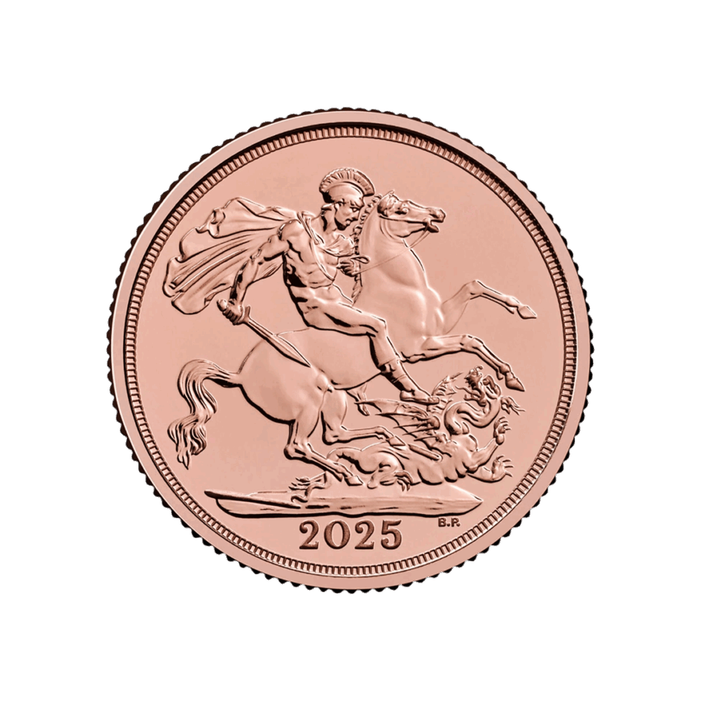 La moneta Sterlina Britannica Fior di Conio 2025 presenta un'incisione dettagliata di un uomo in armatura a cavallo che uccide un drago, con le iniziali B.P. in basso a destra e un disegno intricato su uno sfondo bianco.