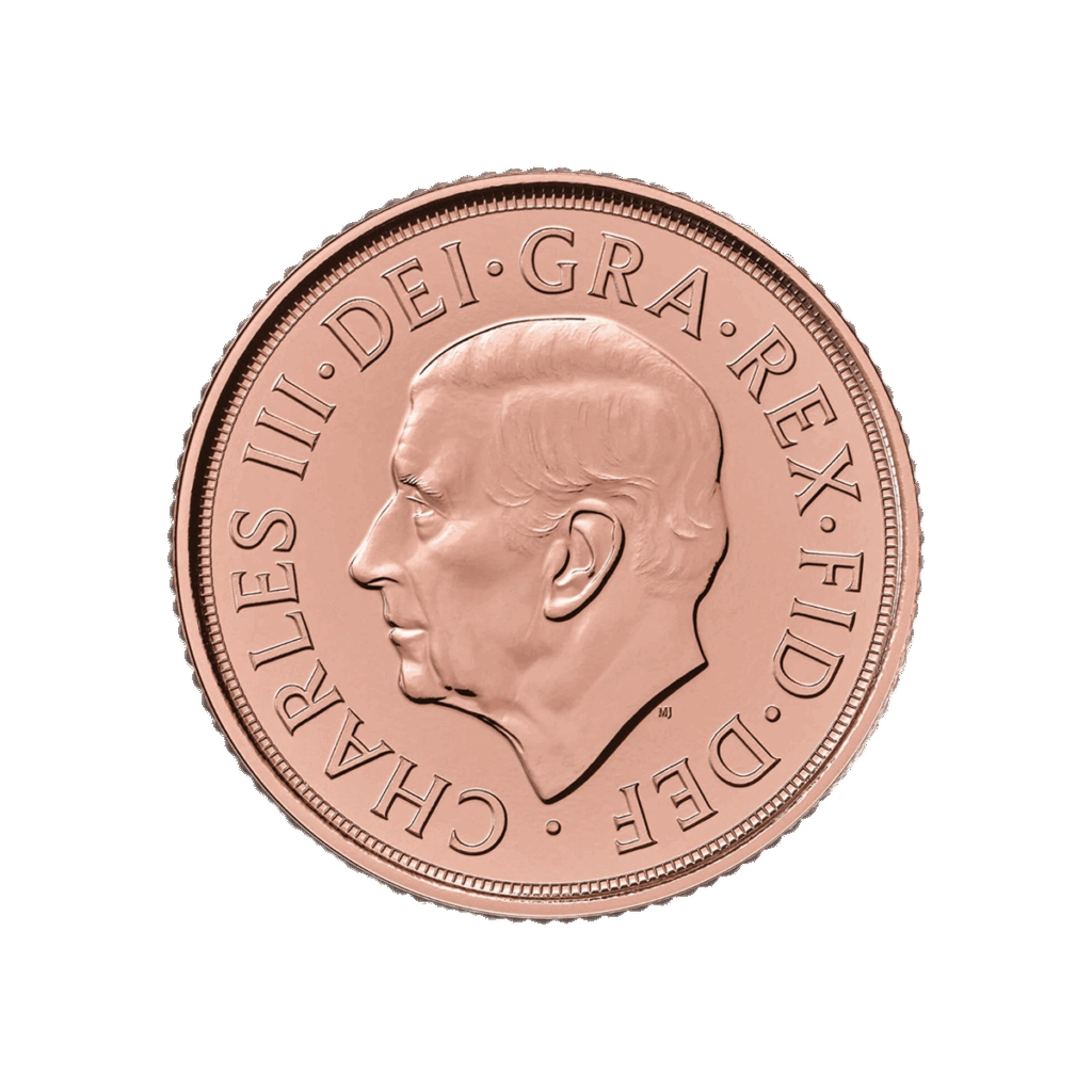 La Sterlina Britannica Fior di Conio 2025 presenta un profilo di Re Carlo III rivolto a sinistra con l'iscrizione CHARLES III - DEI - GRA - REX - FID - DEF intorno al bordo su sfondo bianco.