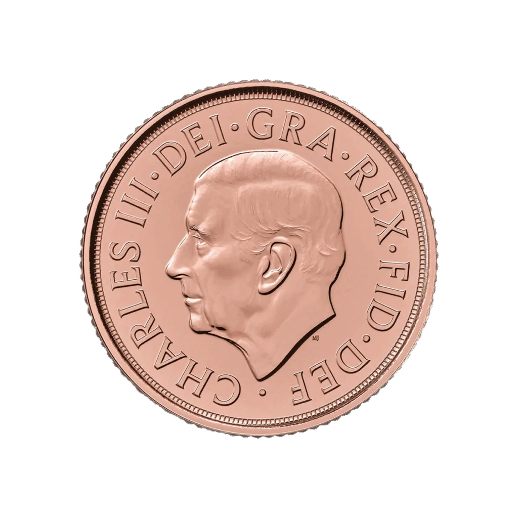 La Sterlina Britannica Fior di Conio 2025 presenta un profilo di Re Carlo III rivolto a sinistra con l'iscrizione CHARLES III - DEI - GRA - REX - FID - DEF intorno al bordo su sfondo bianco.