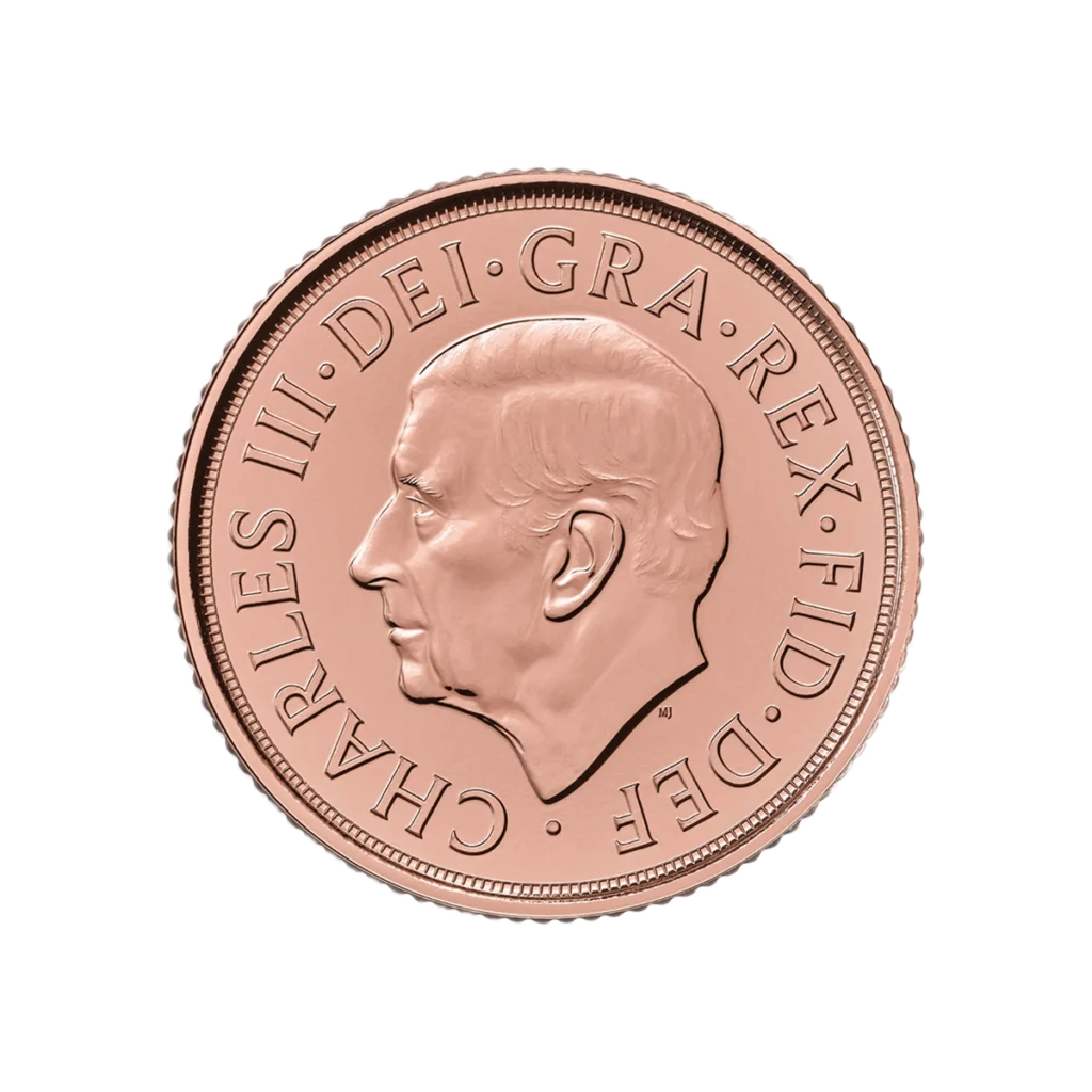 La libra esterlina británica de 2025 presenta un perfil del rey Carlos III mirando hacia la izquierda con la inscripción CHARLES III - DEI - GRA - REX - FID - DEF alrededor del borde sobre un fondo blanco.