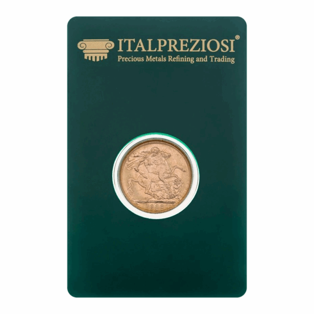 Una moneta d'oro Sterlina Britannica mostrata nella confezione verde Italpreziosi con l'etichetta "ITALPREZIOSI Precious Metals Refining and Trading", con la moneta visibile attraverso una finestra circolare centrale.